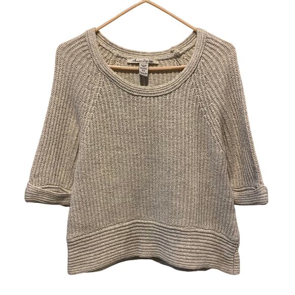 American Rag Cropped Knit Sweater XS Gray Half Sleeve Boxy Preppy Cottage - Picture 1 of 5